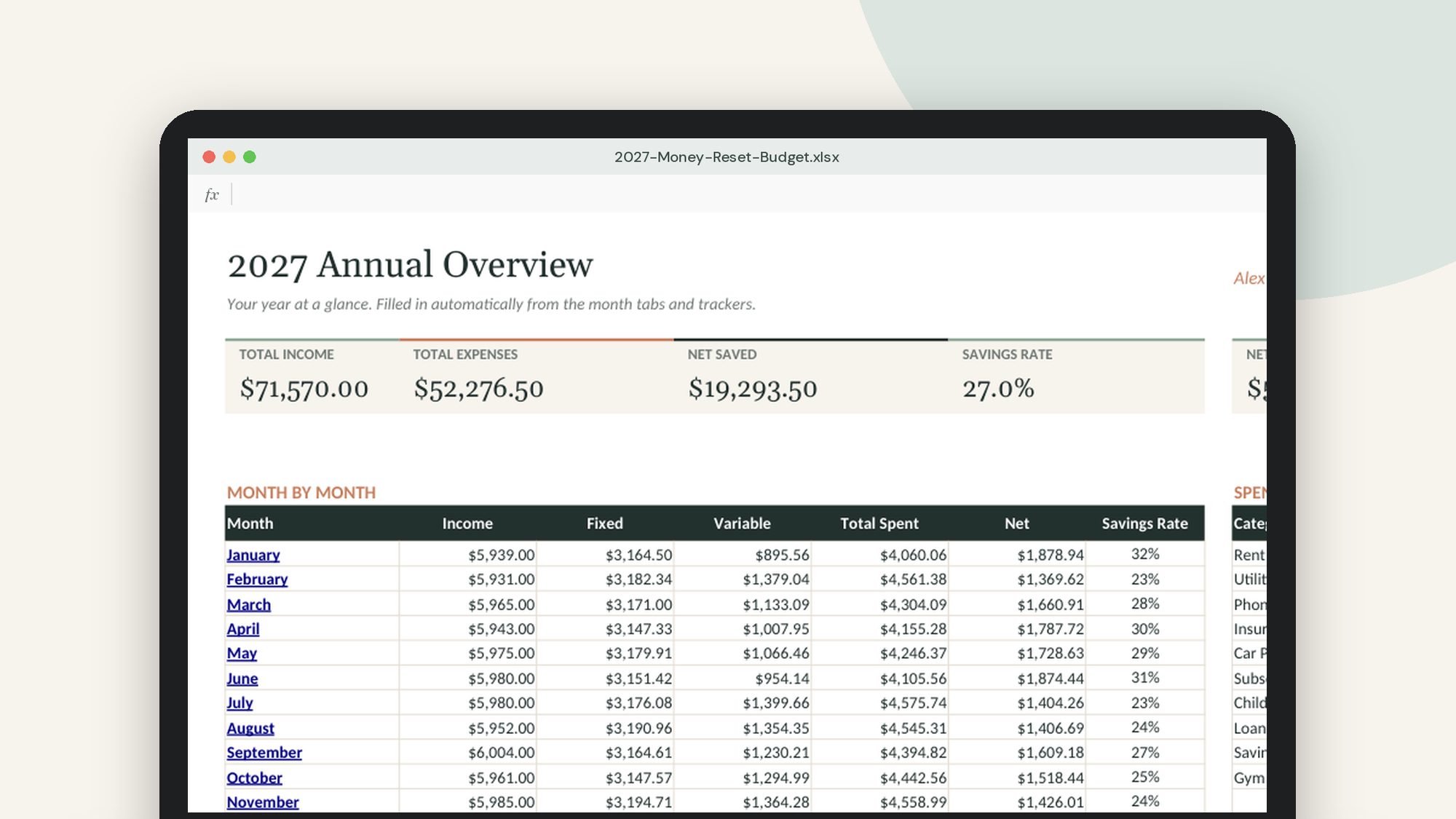 2027 Money Reset Budget Spreadsheet (Excel & Google Sheets)