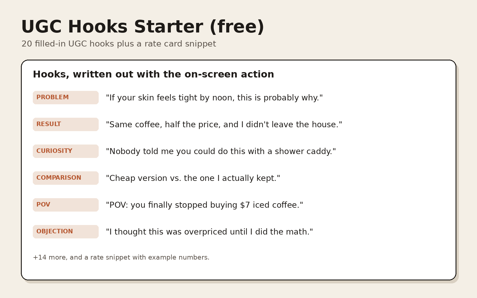 Free UGC Hooks Starter: 20 UGC Hooks + Rate Card Template