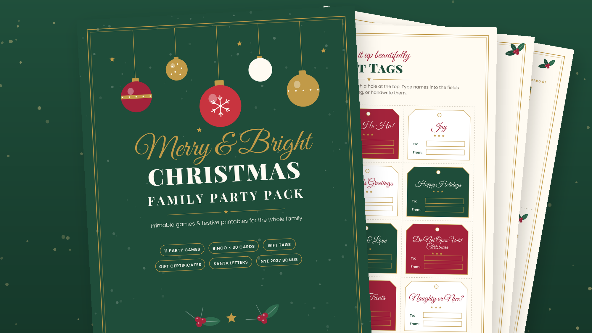 Merry & Bright Christmas Party Pack: 11 Games + Printables + NYE 2027