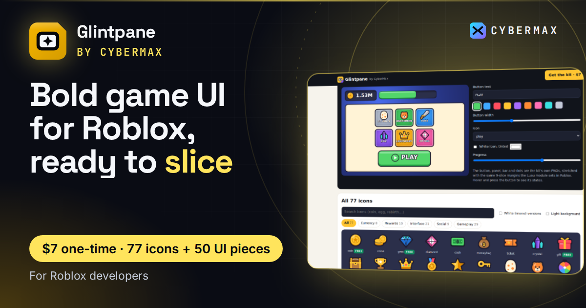 Glintpane: 77 Game Icons + 9-Slice UI Kit for Roblox