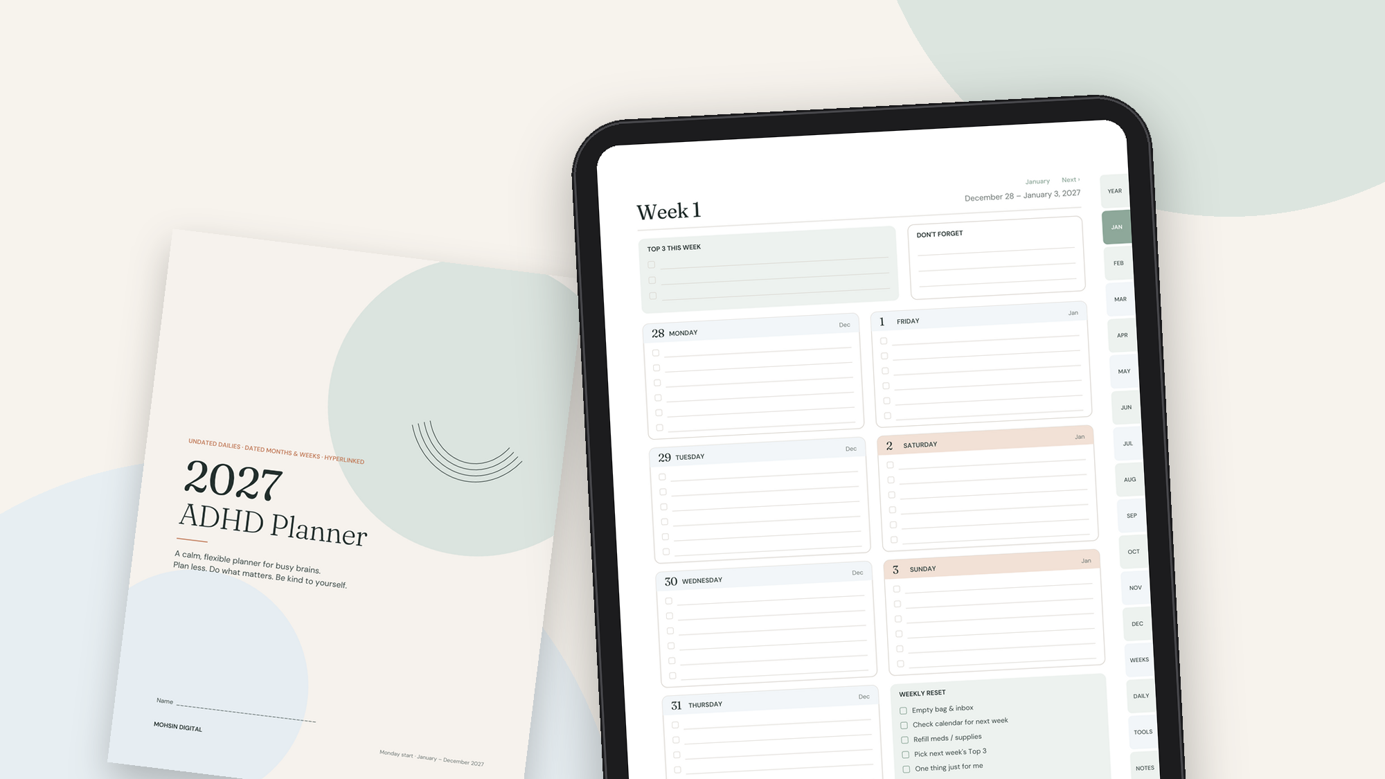 2027 ADHD Planner – Hyperlinked Digital & Printable