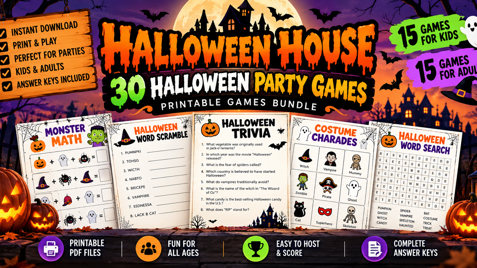 30 Halloween Party Games with Answer Keys