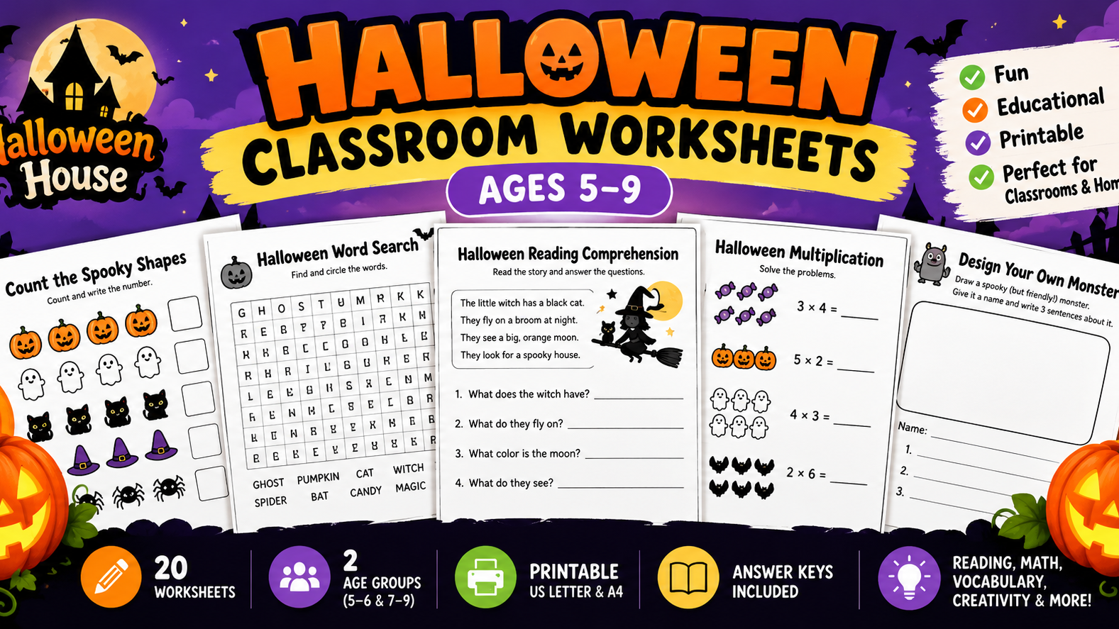 Halloween Classroom Worksheets for Ages 5-9