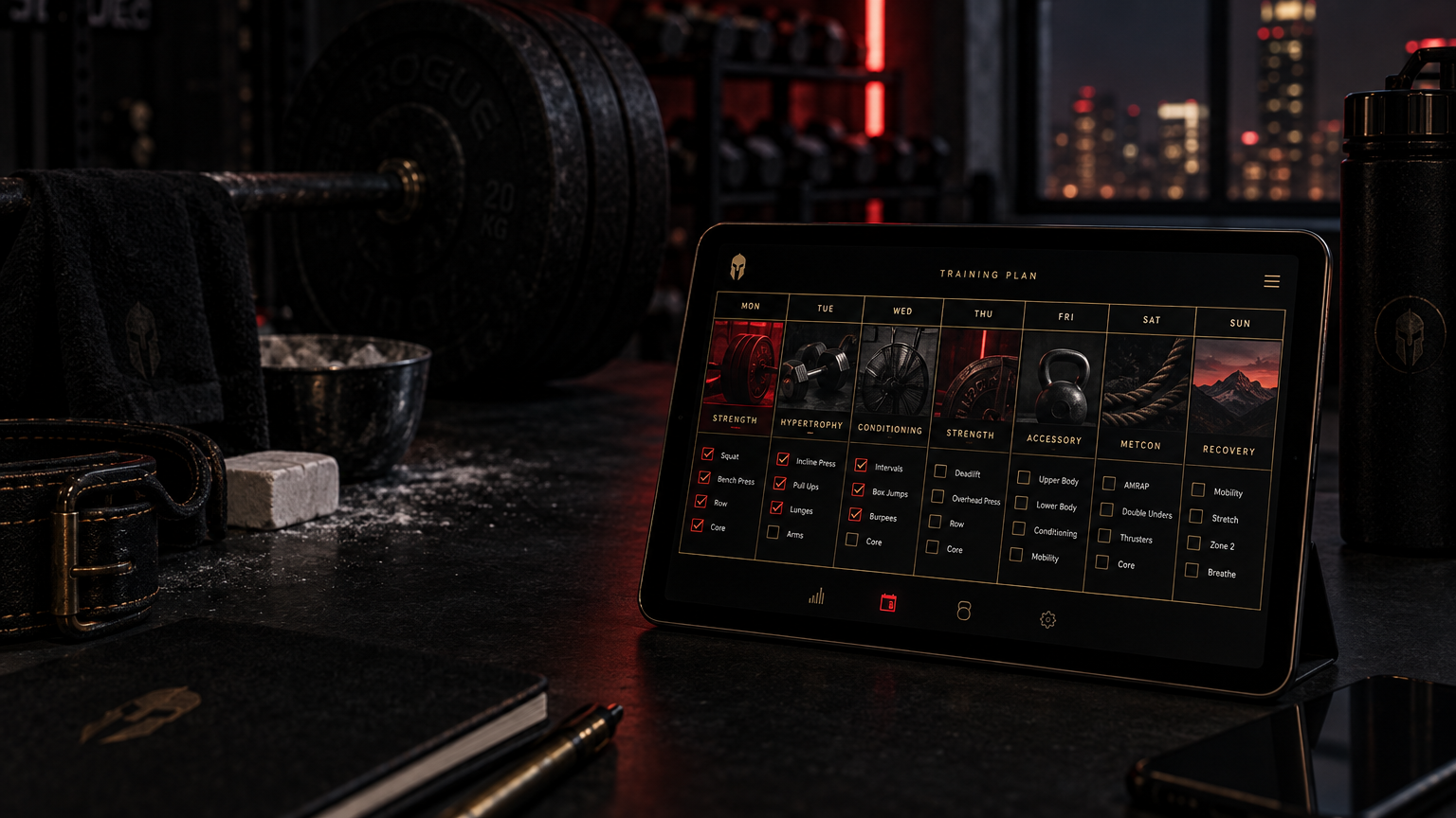 iPad menampilkan planner latihan mingguan Fitbersama di meja gym