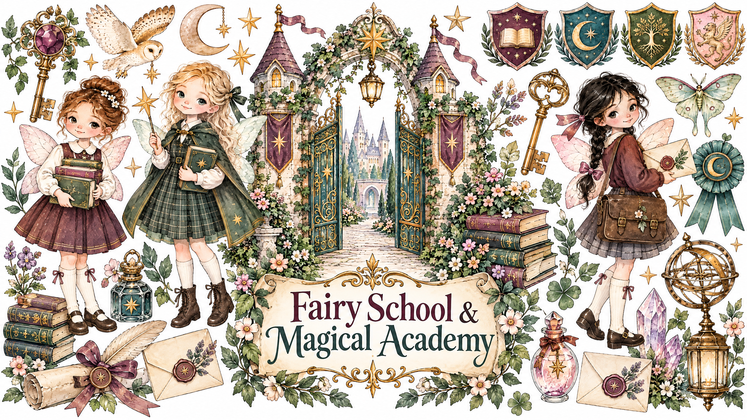   Fairy School & Magical Academy — 10-Page Vintage Watercolor Printable Kit