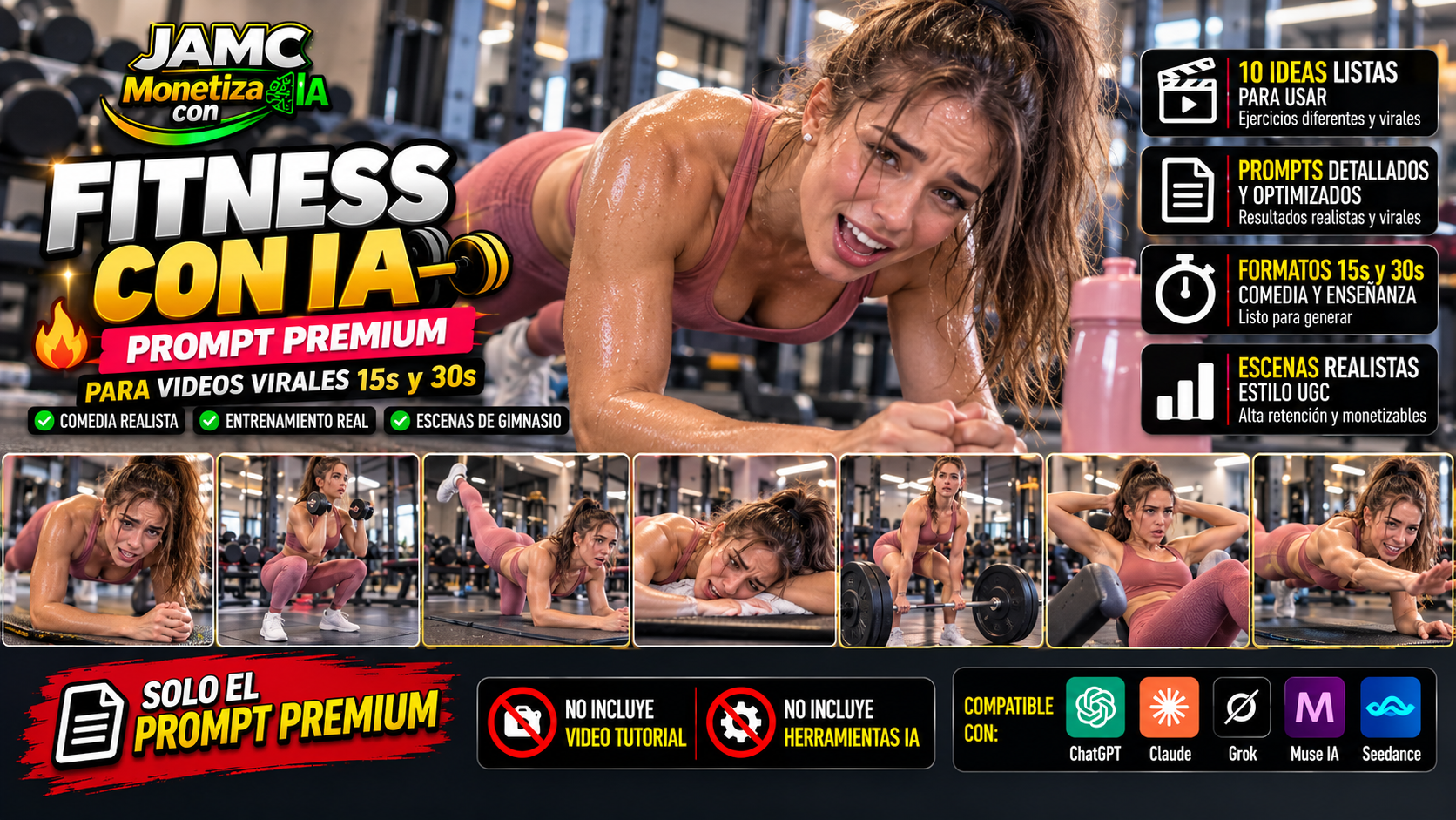 PROMPT Fitness Viral con IA | Comedia + Coach en 15s y 30s