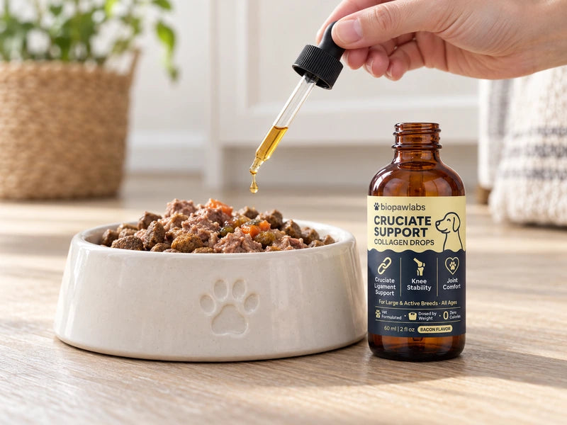 Biopawlabs collagen drops being added to a dog's food