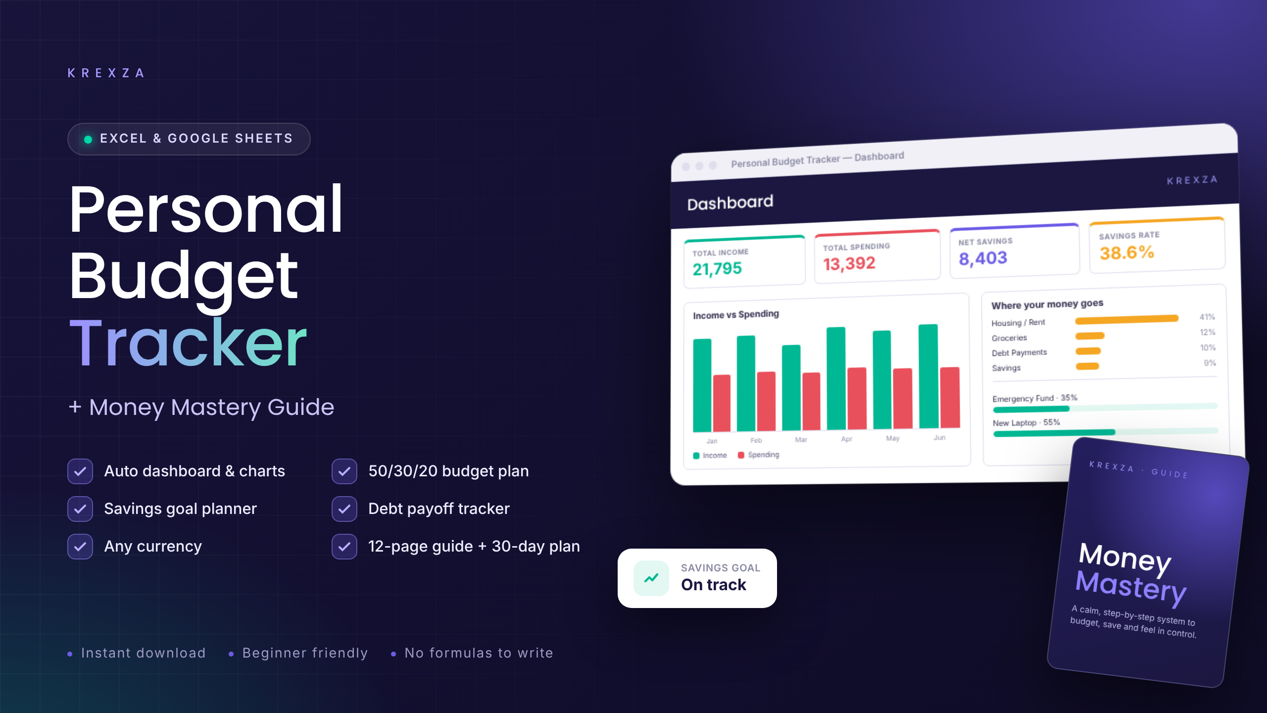 Personal Budget Tracker + Money Mastery Guide | Excel & Google Sheets