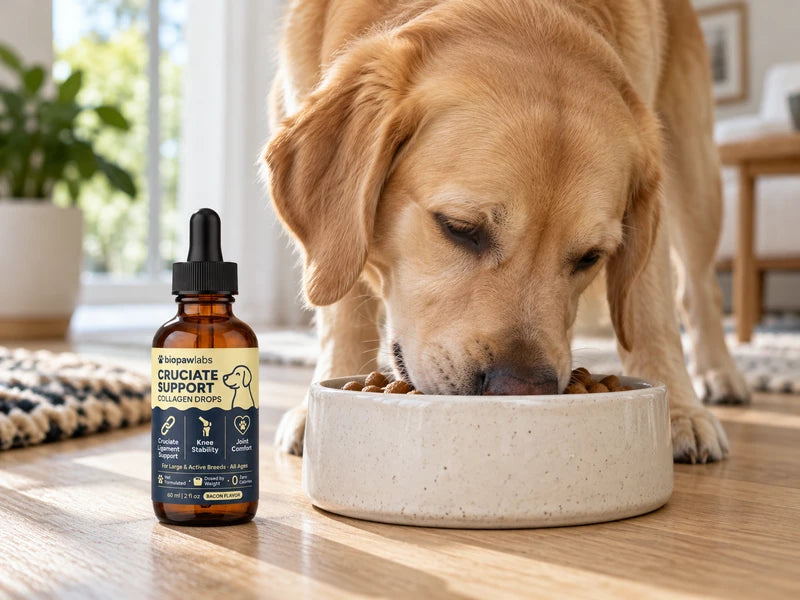 A golden Labrador eating beside the Biopawlabs bottle
