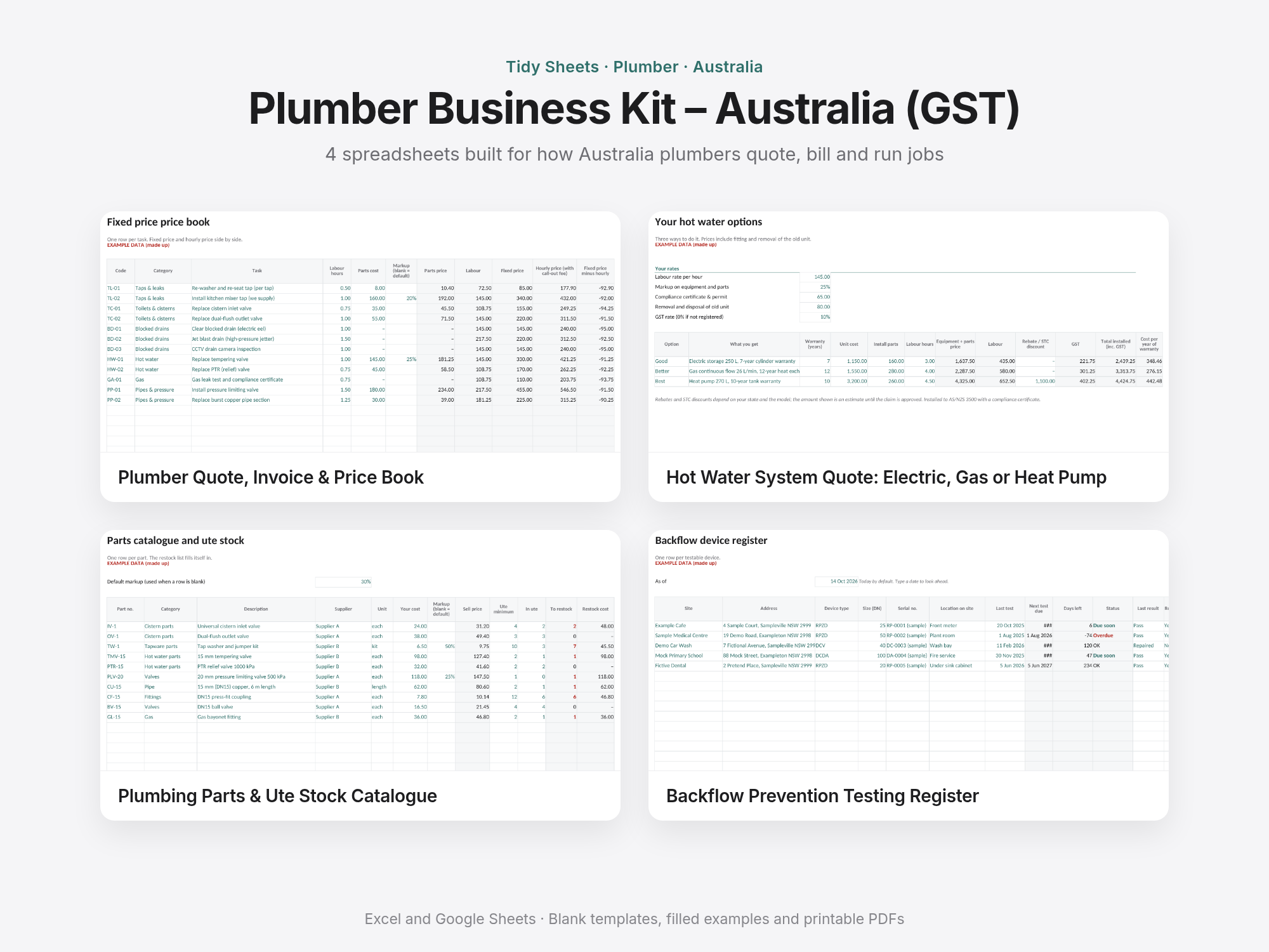 Plumber Business Kit – Australia (GST): 4 spreadsheets (Excel + Sheets)