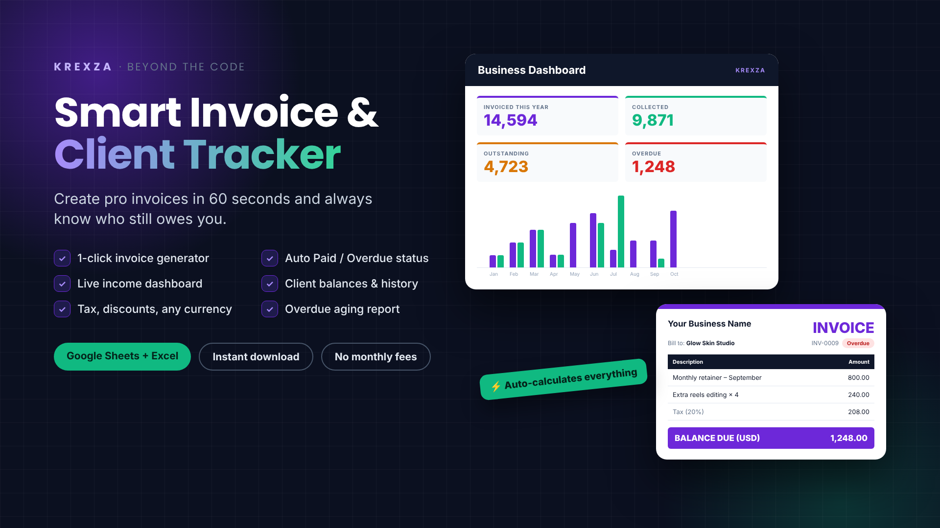 KREXZA Small Business Invoice & Client Tracker – Google Sheets & Excel