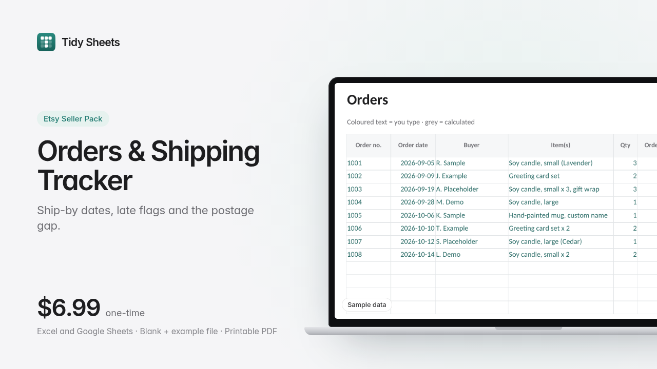 Orders & Shipping Tracker for Etsy Sellers (Excel + Google Sheets)