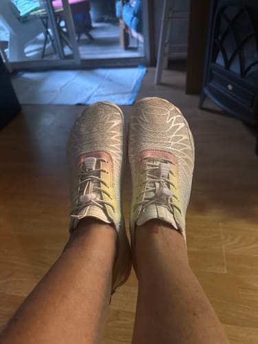 Customer's perspective showing the comfortable, wide fit of their Lorax Pro barefoot shoes.