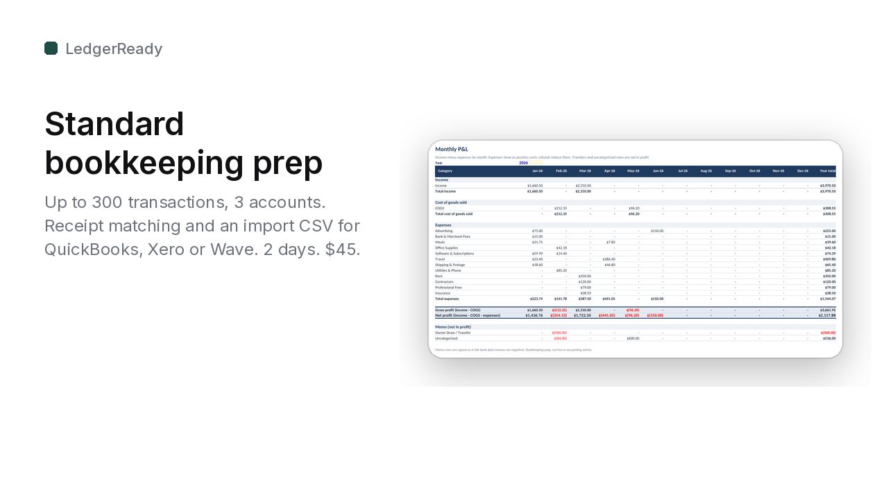 LedgerReady Standard: 300 transactions, 3 accounts, receipts + import CSV