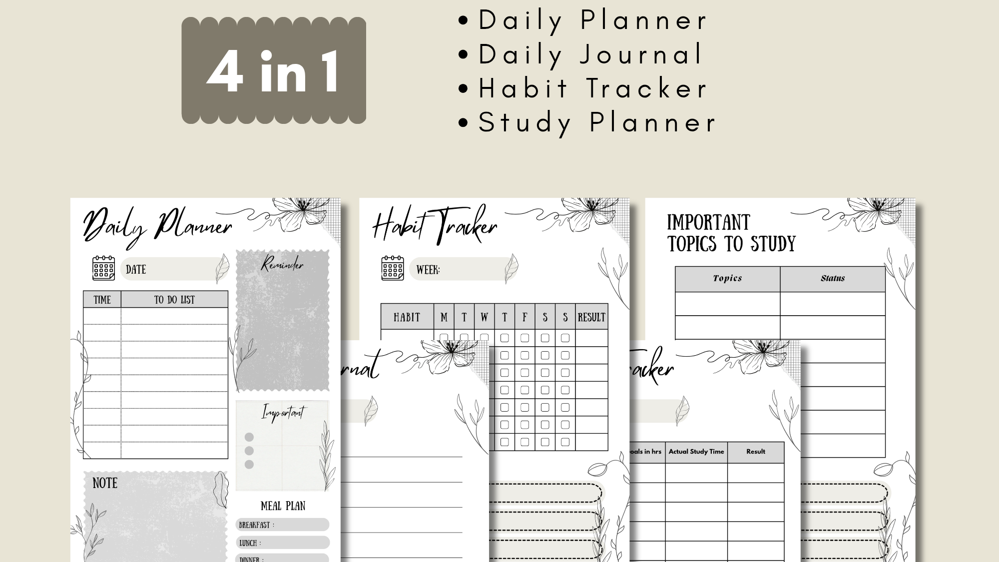 Black & White Minimalist Floral Planner
