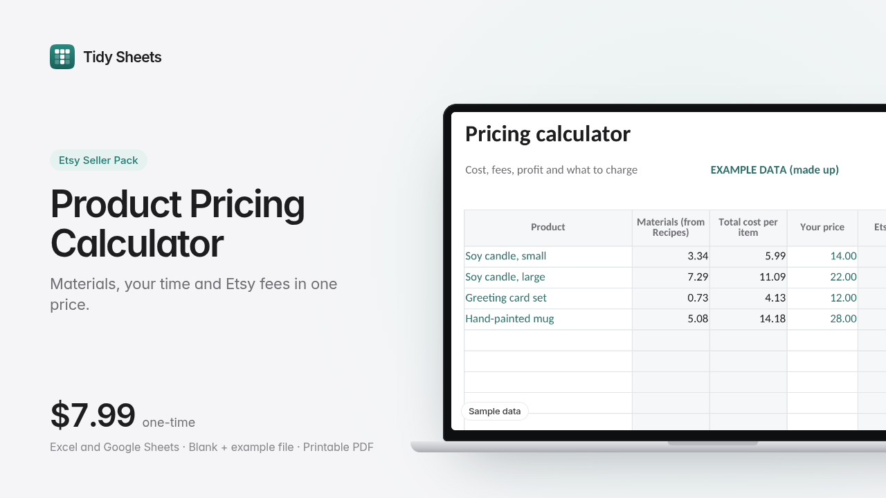 Etsy Product Pricing Calculator: Materials, Time & Fees (Excel + Google Sheets)
