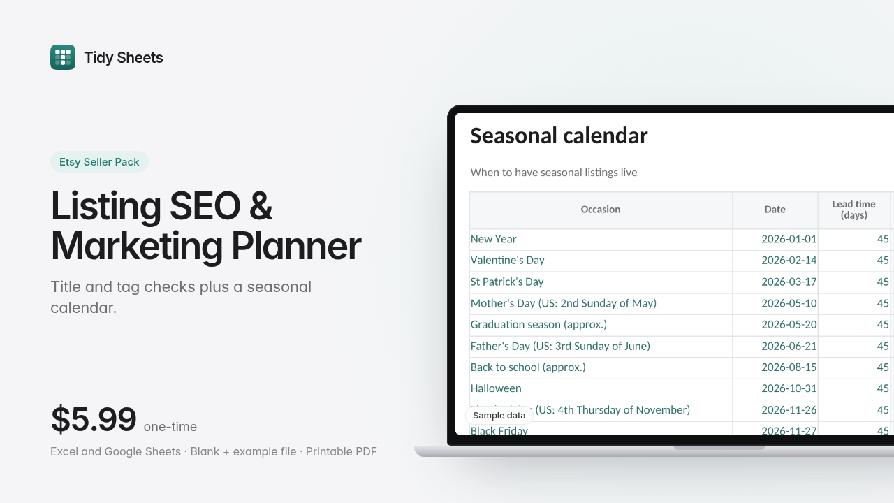 Etsy Listing SEO & Marketing Planner: Titles, Tags, Calendar (Excel + Sheets)