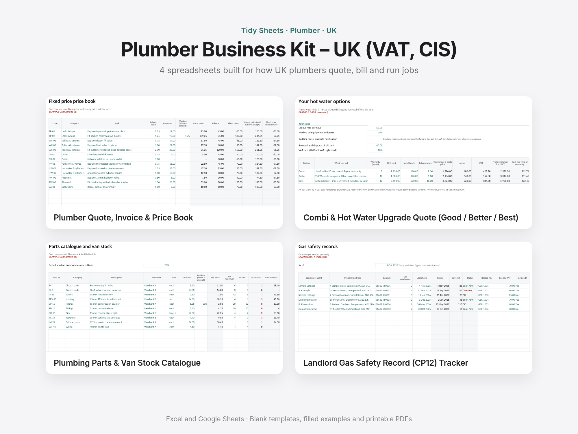 Plumber Business Kit – UK (VAT, CIS): 4 spreadsheets (Excel + Sheets)