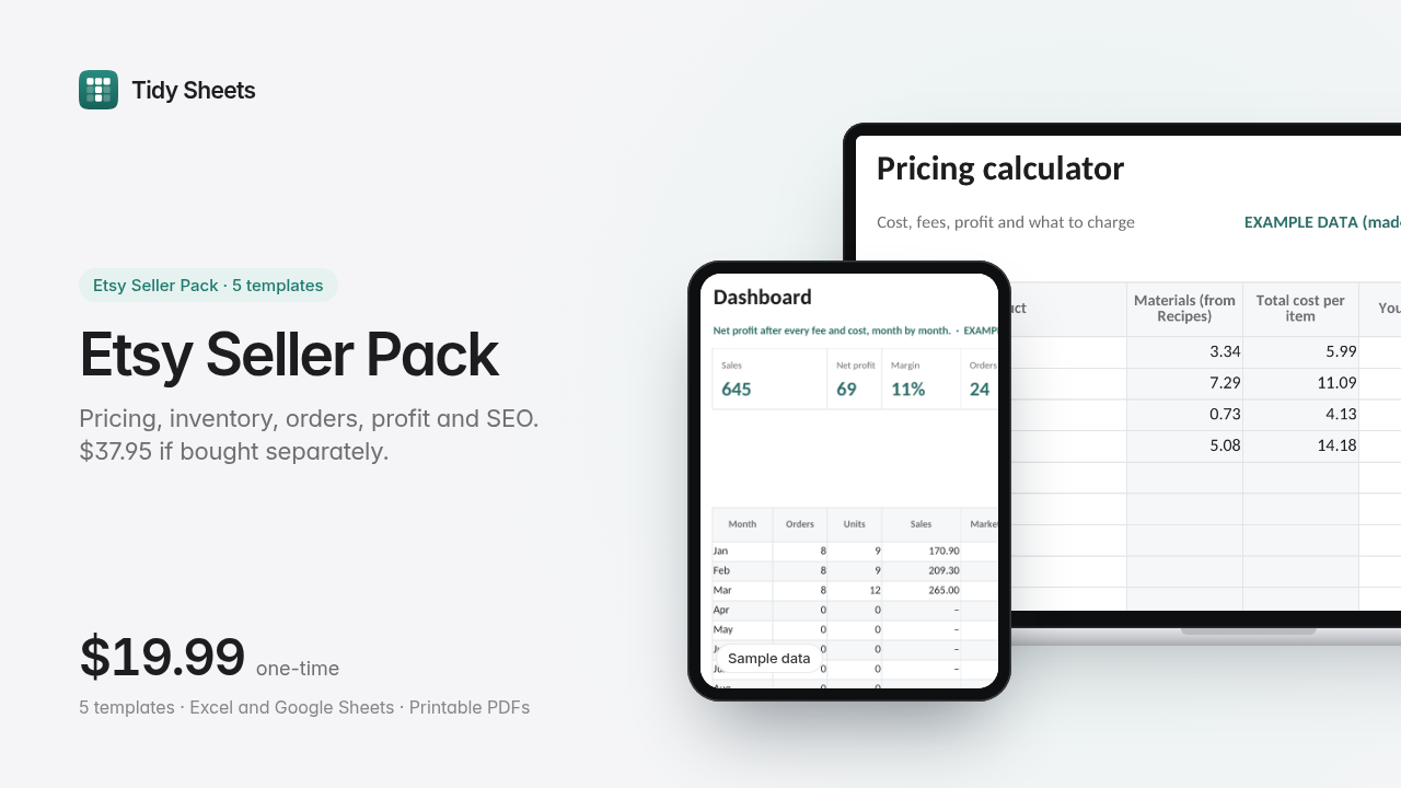 Etsy Seller Pack: 5 Spreadsheets for Handmade Shops (Pricing, Orders, SEO)