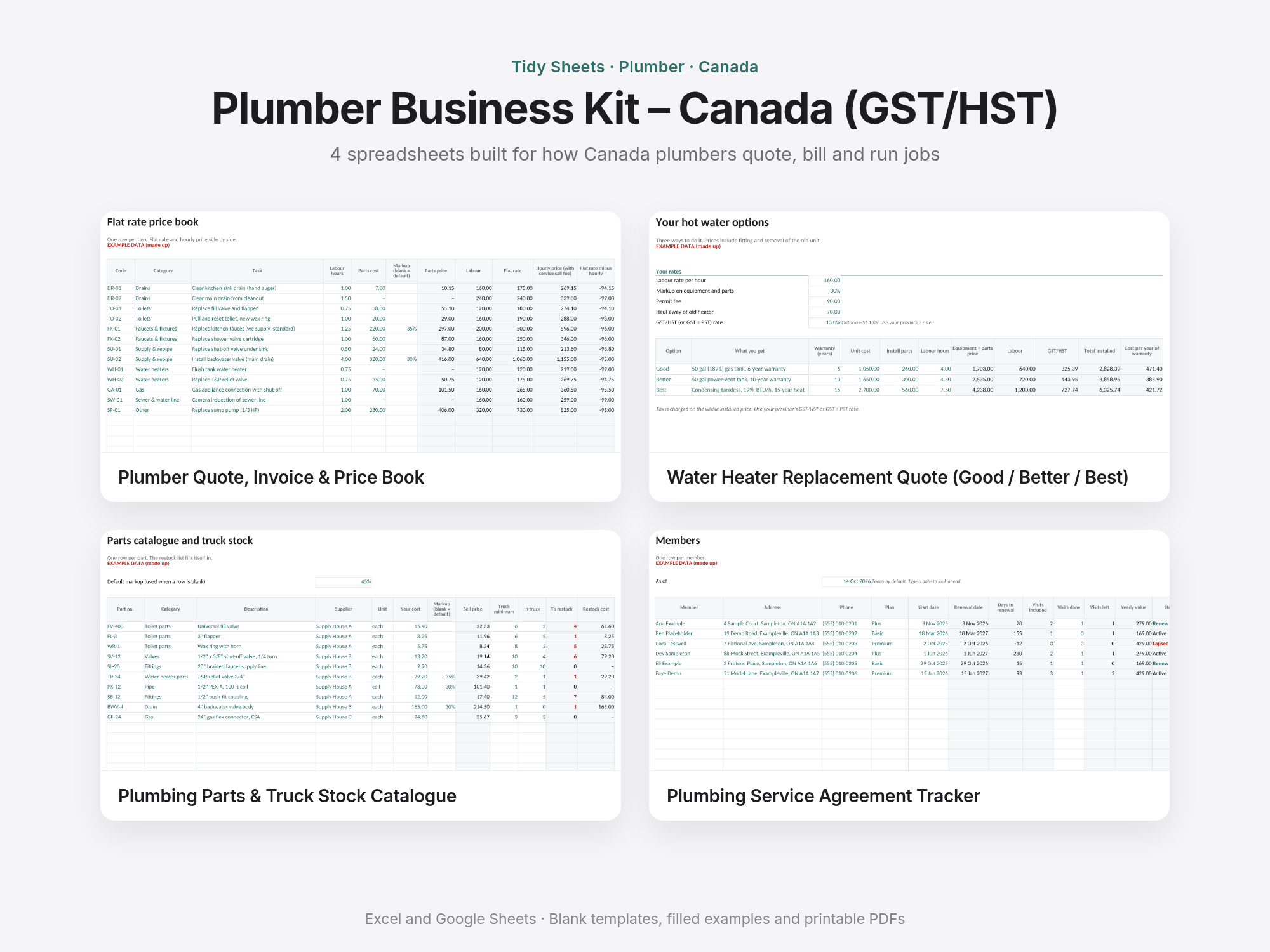 Plumber Business Kit – Canada (GST/HST): 4 spreadsheets (Excel + Sheets)