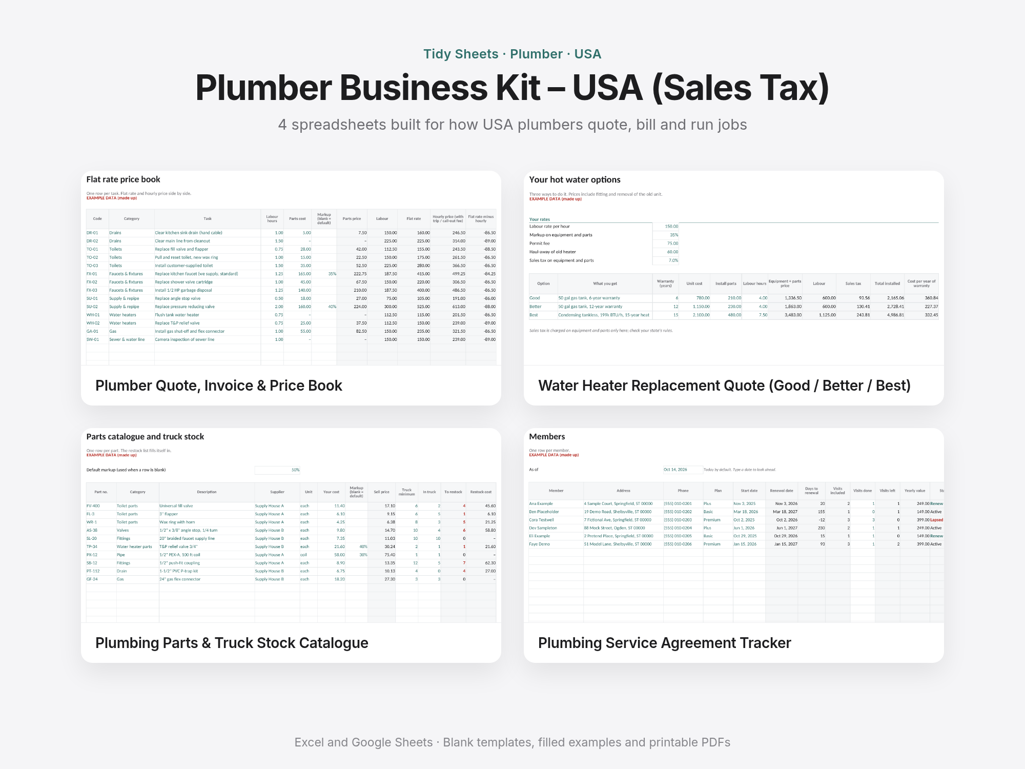 Plumber Business Kit – USA (Sales Tax): 4 spreadsheets (Excel + Sheets)