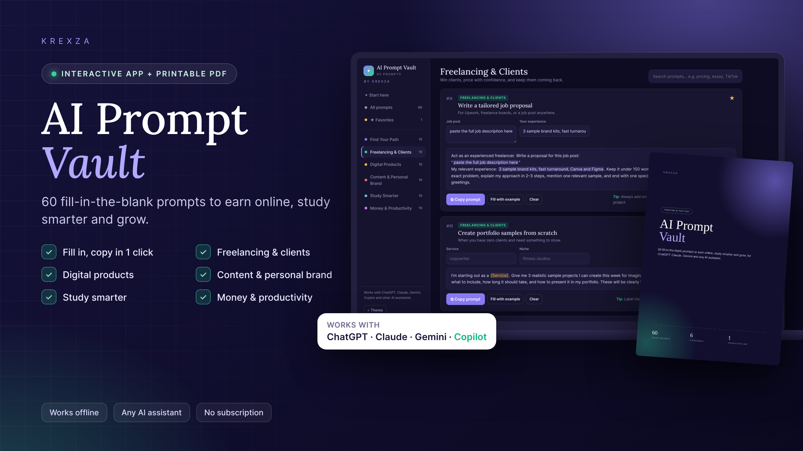AI Prompt Vault: 60 Fill-In Prompts to Earn Online, Study Smarter & Grow