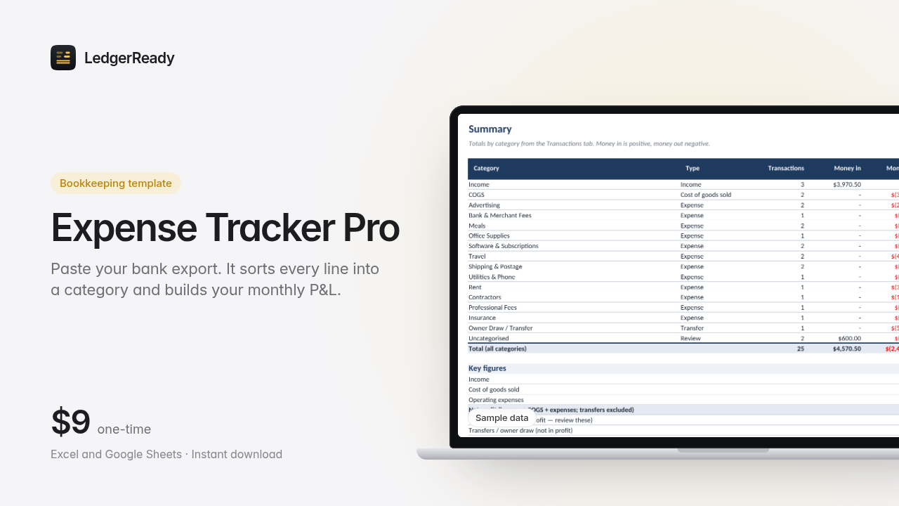 LedgerReady Expense Tracker PRO: Self-Categorising Spreadsheet (Excel + Sheets)