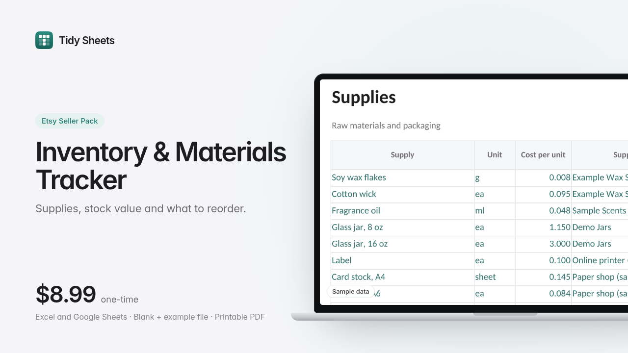 Inventory & Materials Tracker for Handmade Shops (Excel + Google Sheets)