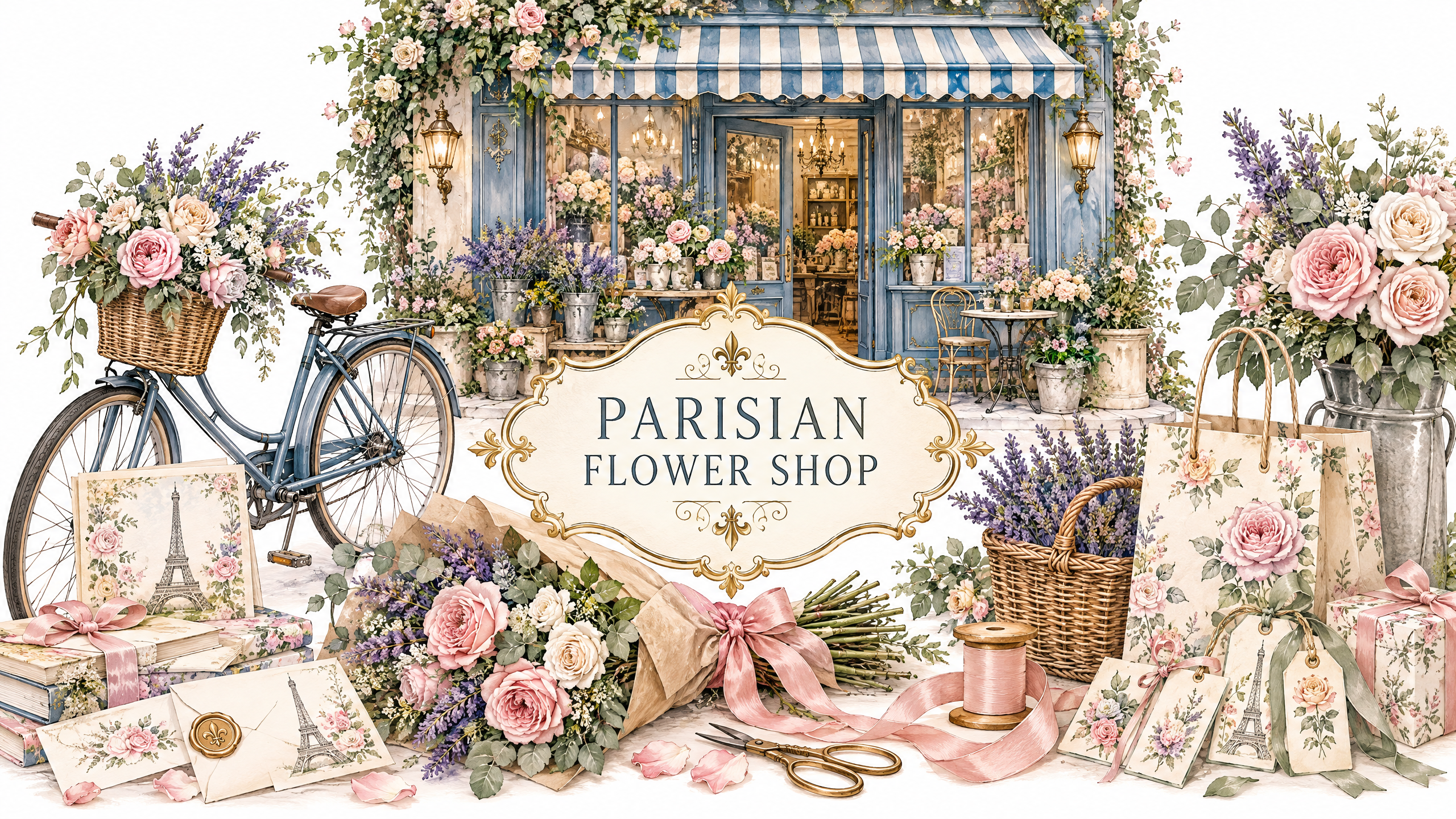 Parisian Flower Shop — 10-Page Vintage Watercolor Printable Kit
