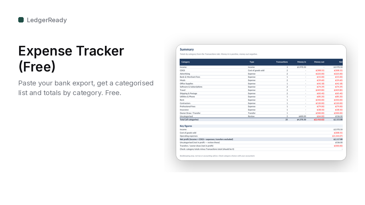 LedgerReady Expense Tracker (Free): Auto-Categorising Spreadsheet