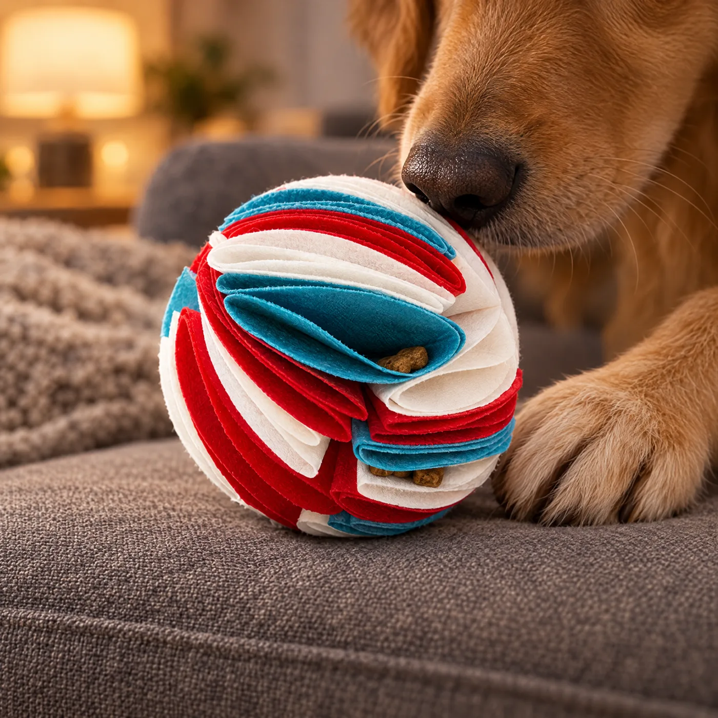 The fabric sniffing ball with treats tucked into its folds
