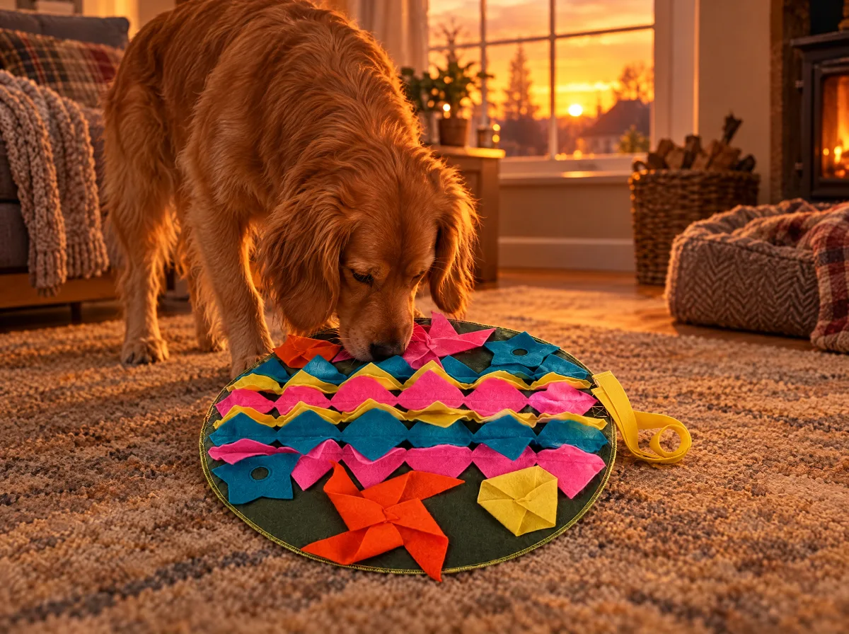A dog sniffing the snuffle mat as the sun sets