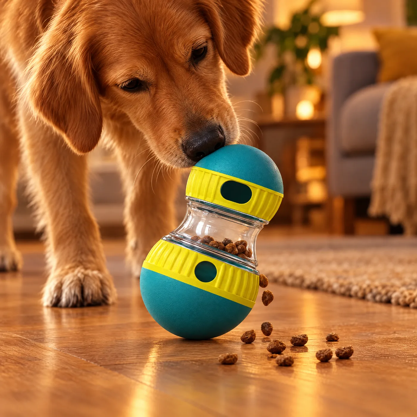 A dog nudging the food wobble toy as kibble drops out