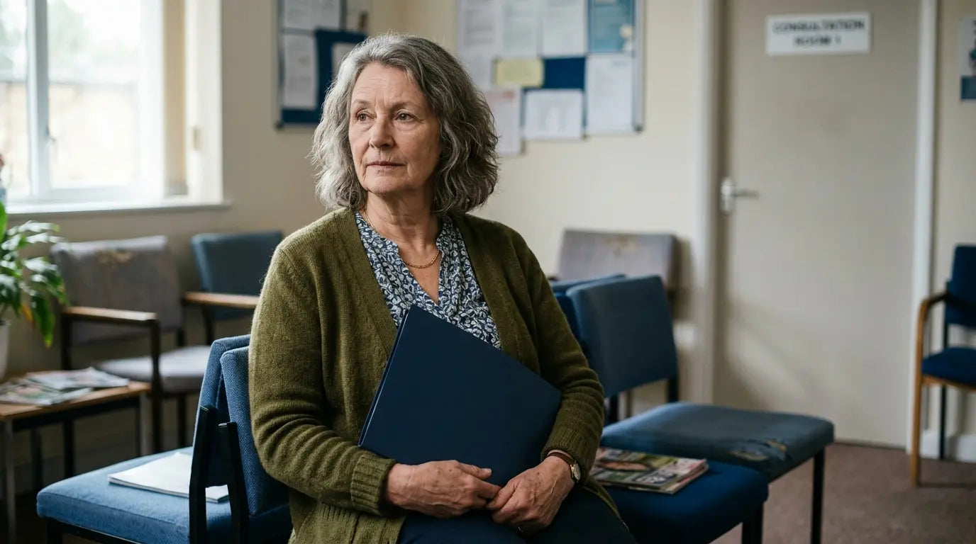 An older woman sitting in a medical waiting room.