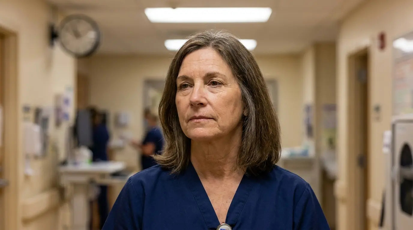 A nurse in a hospital corridor