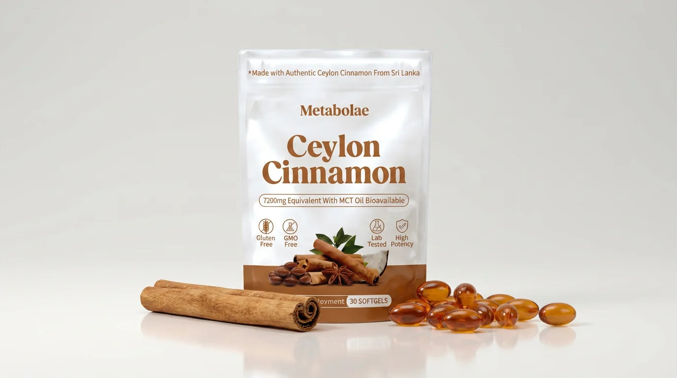 Metabolae Ceylon cinnamon packaging with softgels beside it.