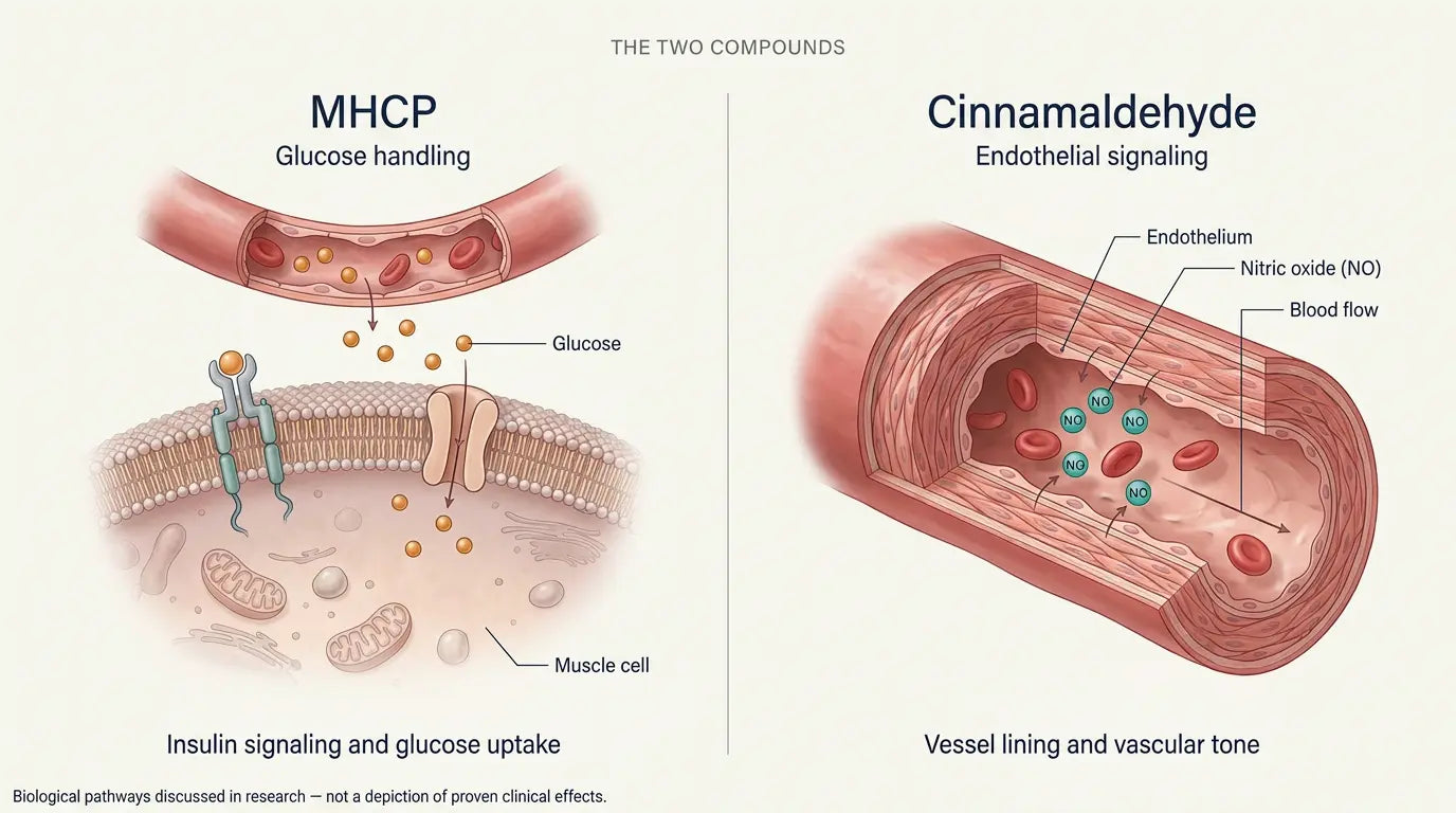 Two-panel illustration of glucose uptake and endothelial signaling