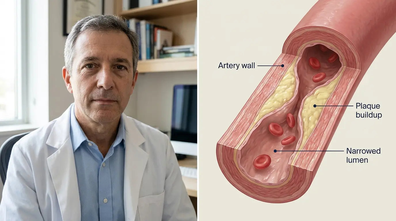 A physician portrait beside an artery cross-section illustration