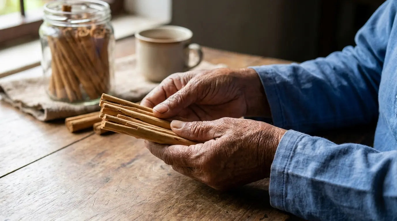 Hands holding cinnamon quills.