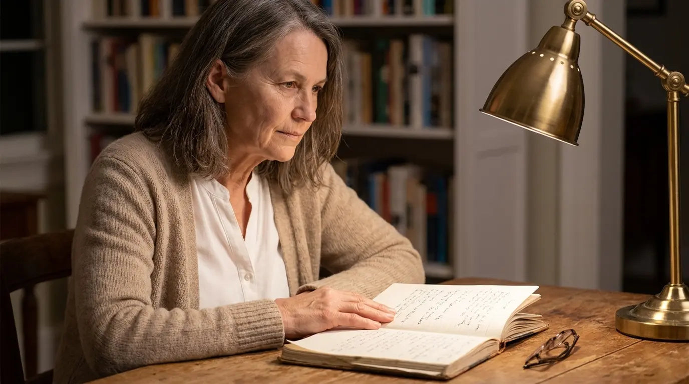 An older woman studying a notebook.
