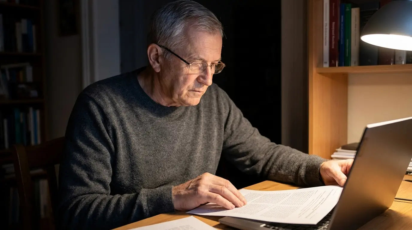 Physician reviewing research papers at a desk in the evening