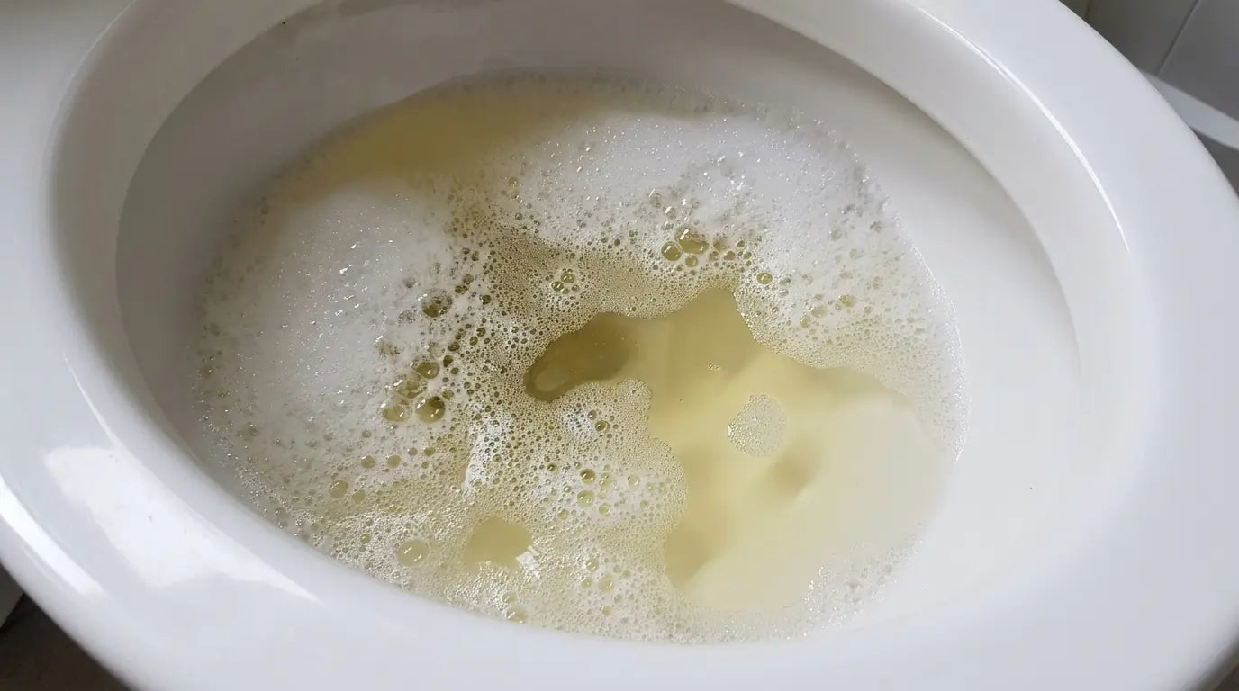 Foam on the water surface in a toilet bowl
