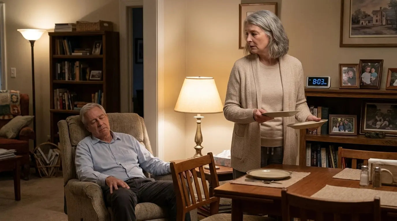 A husband resting at home while his wife clears the dinner table
