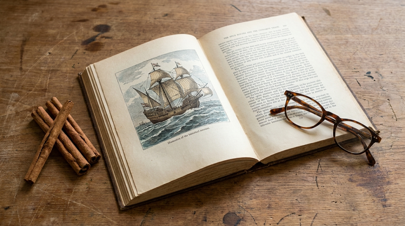 Historical maritime book and cinnamon bark