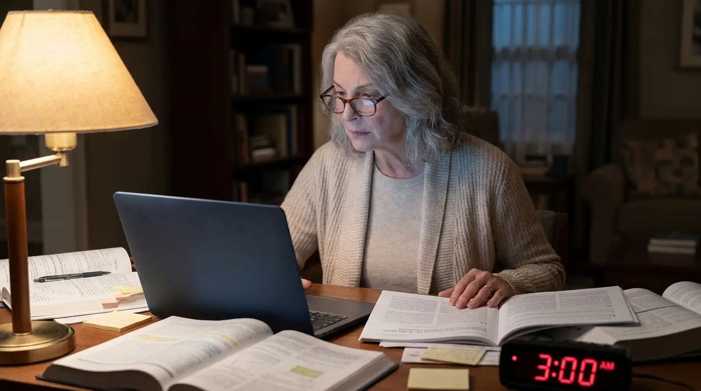 A woman reviewing research at a laptop late at night