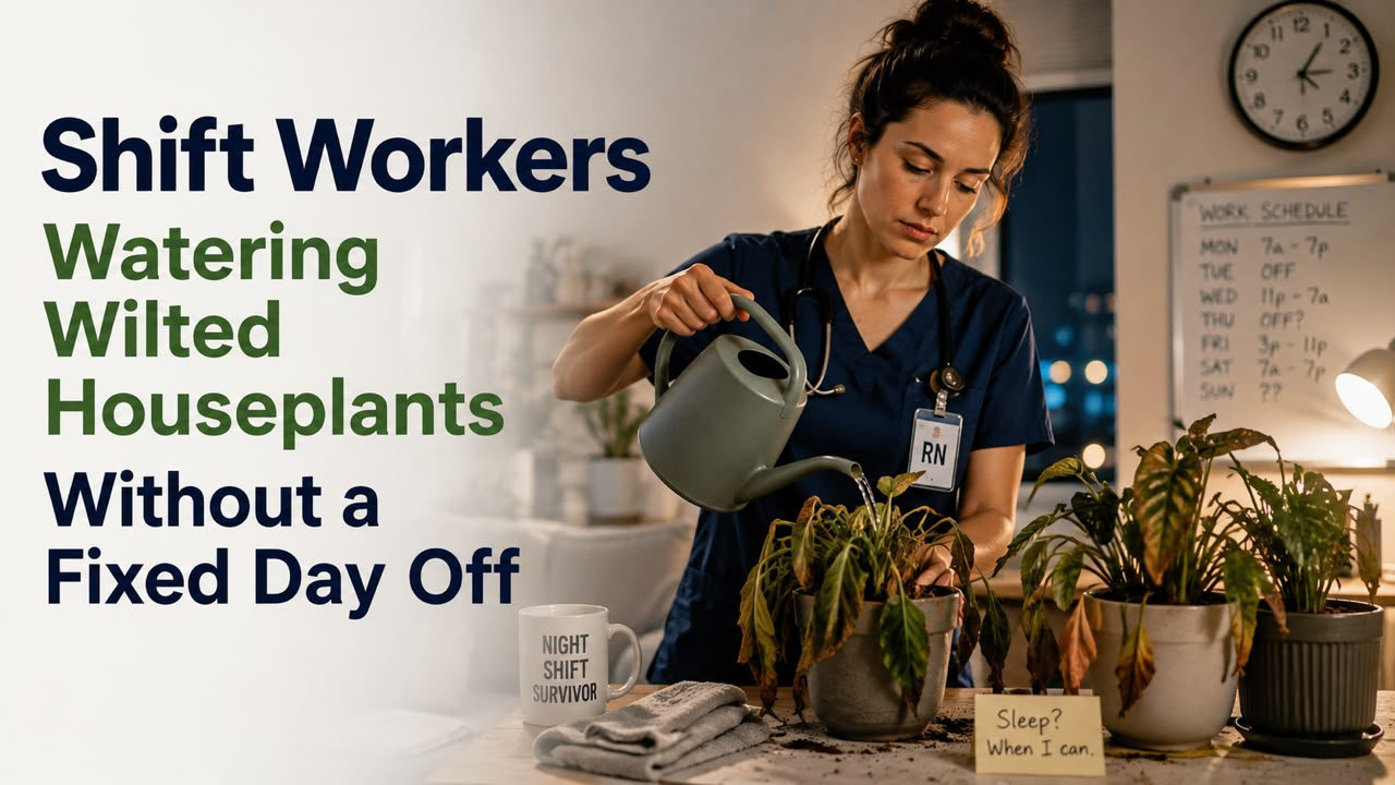 Shift Workers Watering Wilted Houseplants Without a Fixed Day Off