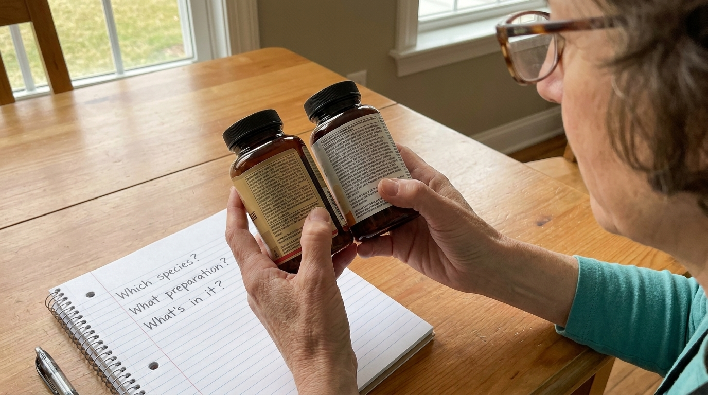 Hands comparing supplement labels