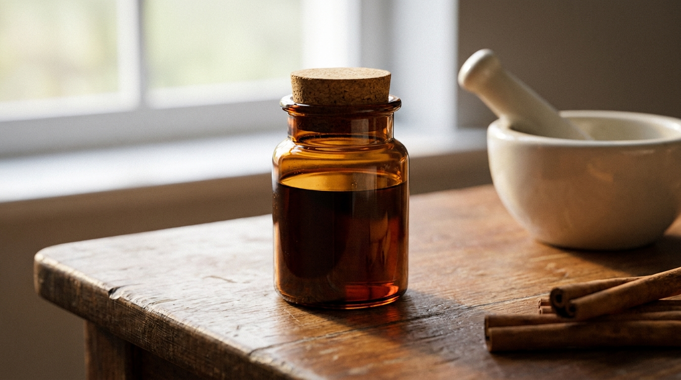 Small brown jar of Ceylon cinnamon extract