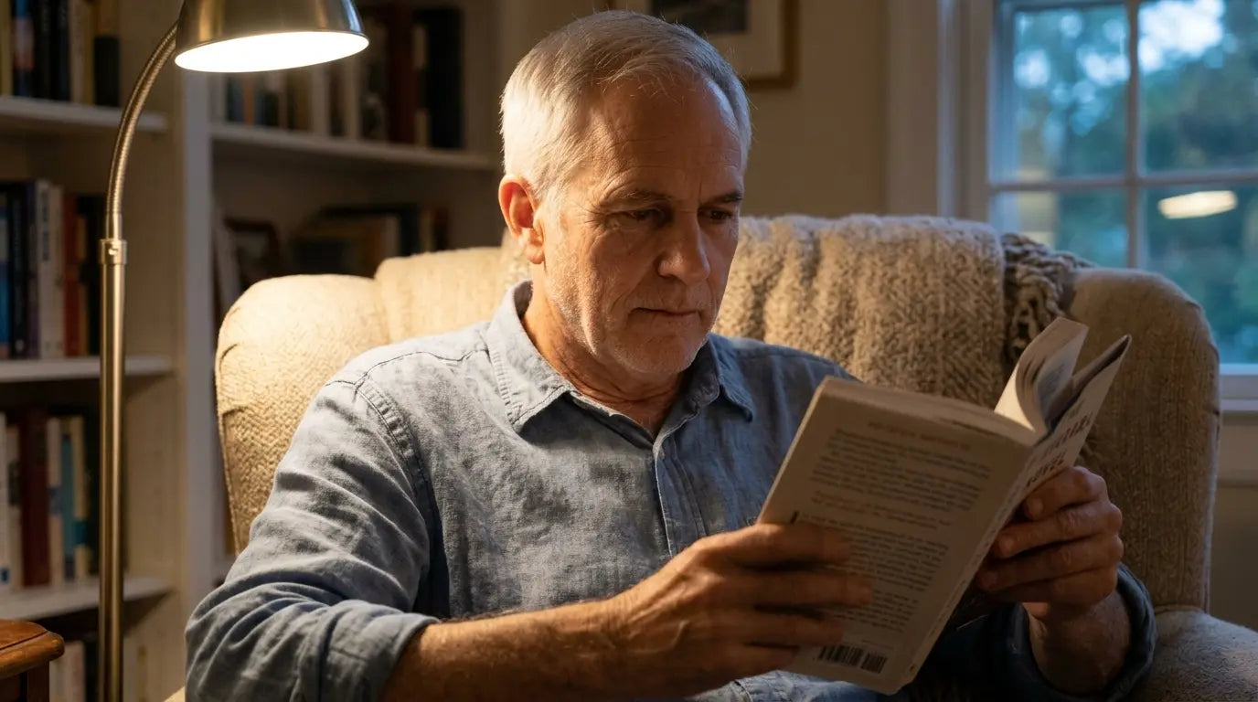 An older man reading a novel in a living-room chair.