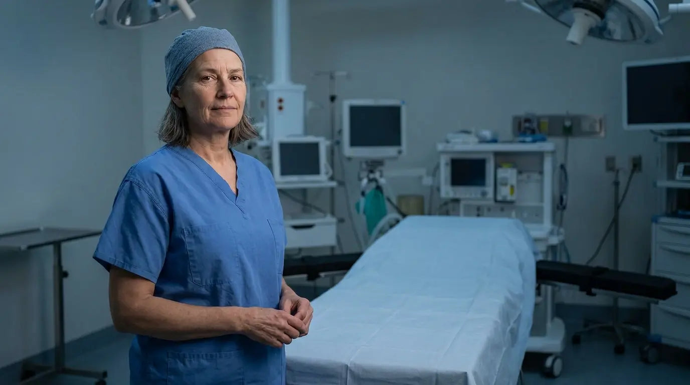 A female surgeon beside an empty operating table.